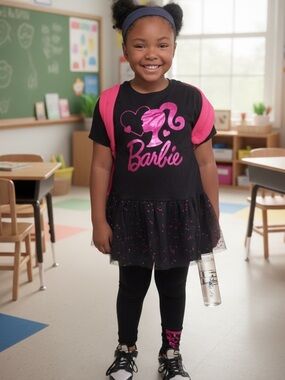 Barbie Black & Hot Pink Glitter Logo Dress Top- Size 14/16